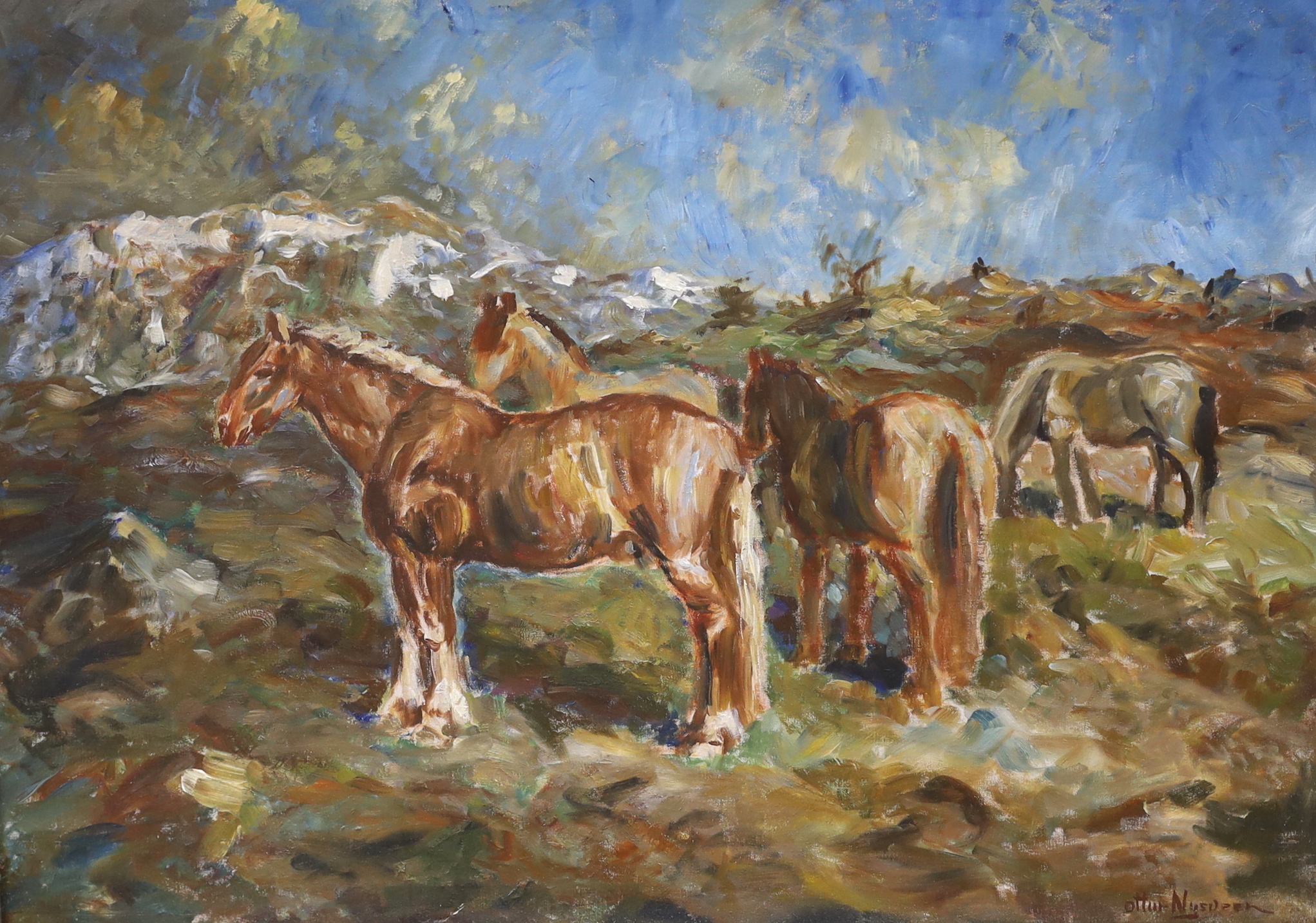 Ottur Nys- - - - (?), oil on canvas, 'Life without boundaries', ponies on a hillside, signed, 55 x 74cm